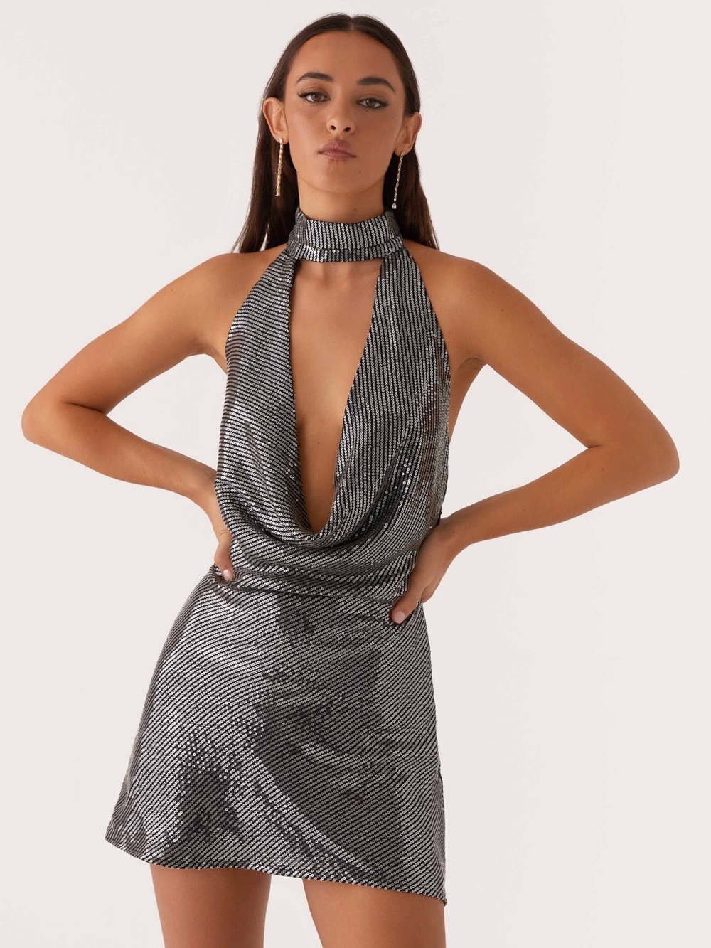 Black Sequin Halter Mini Dress - Women's Party Dress